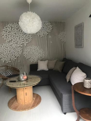 ein Wohnzimmer mit einem Sofa und einem Tisch in der Unterkunft Gîte O'Loing in Montigny-sur-Loing