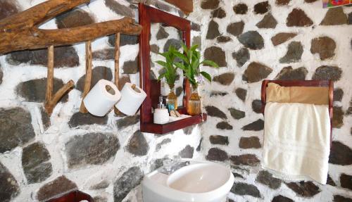 a stone bathroom with a sink and a toilet at Hotel & Restaurante Arca de Noé in Santa Cruz La Laguna