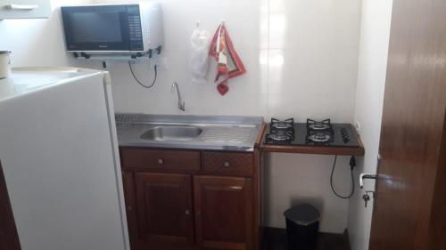 een kleine keuken met een wastafel en een fornuis bij Flats Paulo & Neia in Foz do Iguaçu