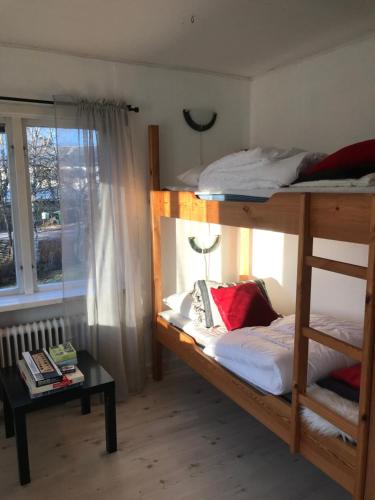 a bedroom with two bunk beds and a window at Säfsen in Fredriksberg