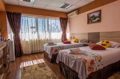 um quarto de hotel com duas camas e uma janela em Casa Paul em Galaţi