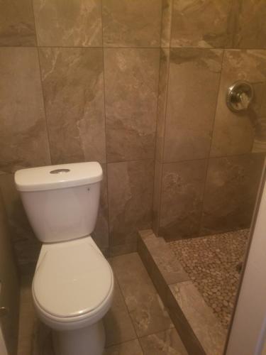 een badkamer met een toilet en een douche bij Red Shutter Inn in Rossland