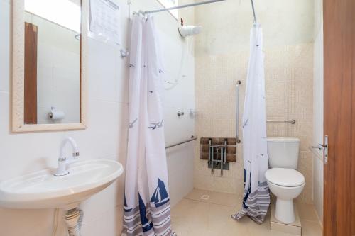 ein Bad mit einem Waschbecken, einem WC und einer Dusche in der Unterkunft Hotel Veleiro in São Sebastião