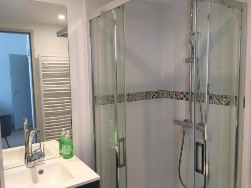 une salle de bain avec une douche en verre et un lavabo dans l'établissement L ORATOIRE 1, à La Rochelle