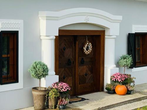 an entrance to a house with potted plants and a wooden door at Kál Kőve Vendégház és Bortéka in Köveskál