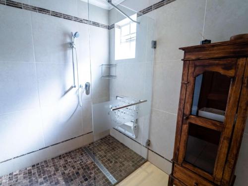 a bathroom with a shower and a wooden cabinet at AnnVilla Guesthouse in Klerksdorp