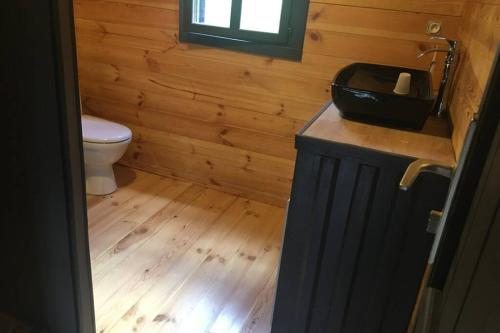 baño con aseo y suelo de madera en Chalet Bois Laruns en Laruns