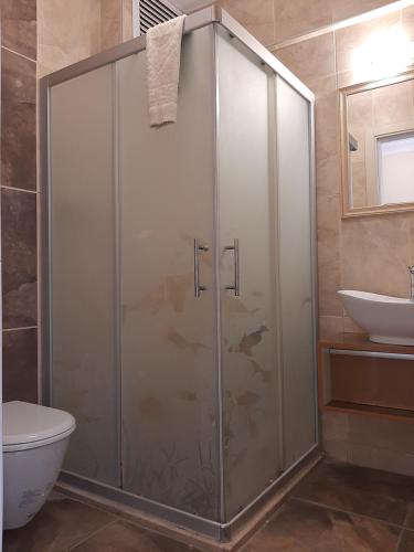 a bathroom with a shower with a toilet and a sink at Sığacık Antik Otel in Siğacık