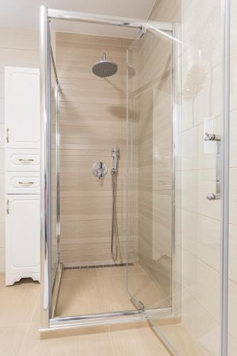 a shower with a glass door in a bathroom at Apartamente Lavender Coressi in Braşov