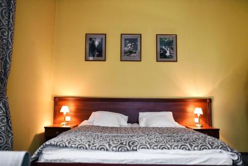 a bedroom with a bed with three pictures on the wall at Zoloto Karpat in Stryi