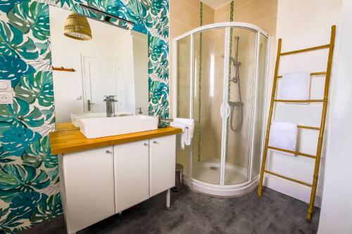 une salle de bain avec un lavabo et une douche dans l'établissement Appartement Rousseau - Centre Ville 5 minutes GARE, à Tours