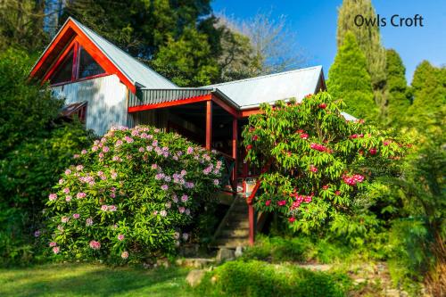 Una casa con flores al costado. en Observatory Cottages, en Mount Dandenong