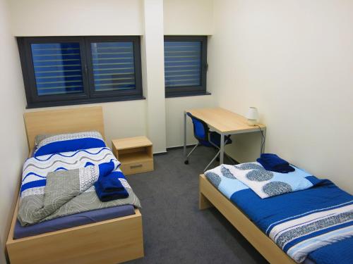 2 łóżka w pokoju z biurkiem i oknami w obiekcie Elmontex Air w mieście Mošnov