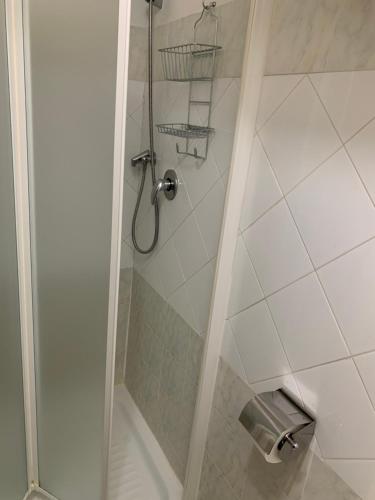 a shower with a glass door in a bathroom at Charming Navona in Rome