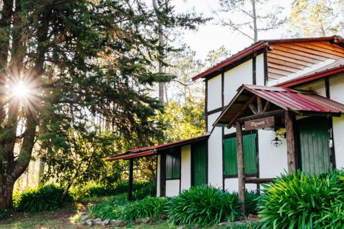 a house in the woods with the sun shining at Villa Pajon Eco Lodge in Constanza
