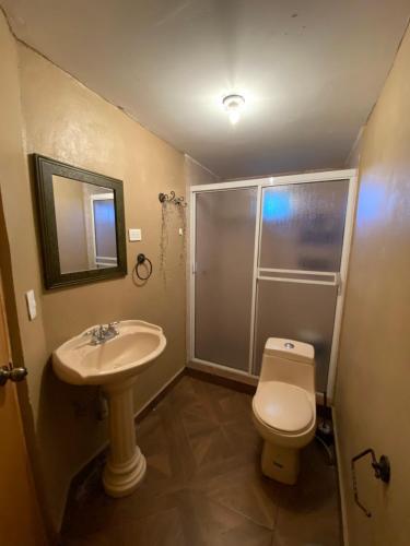 La salle de bains est pourvue de toilettes, d'un lavabo et d'une douche. dans l'établissement Cabaña el Pino 1, à Creel