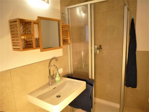 a bathroom with a sink and a shower at Cozy mountain view apartment with terrace and garden in Innsbruck