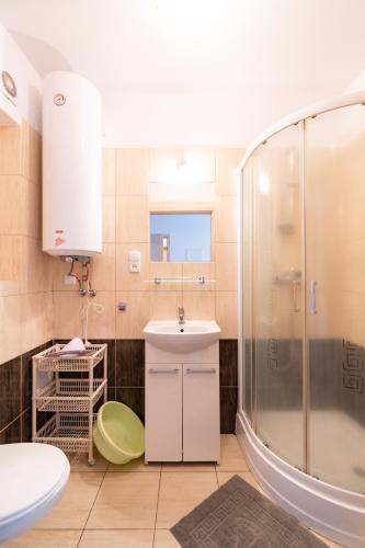 a bathroom with a sink and a shower at Apartamenty Vasco da Gama- blisko plaży in Rowy