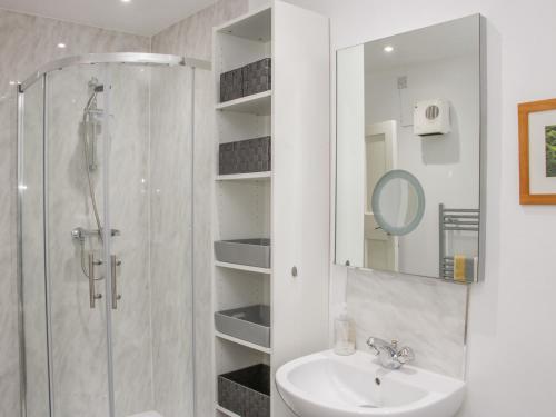 ein Bad mit einer Dusche, einem Waschbecken und einem Spiegel in der Unterkunft Belmont Bridge in Oswestry