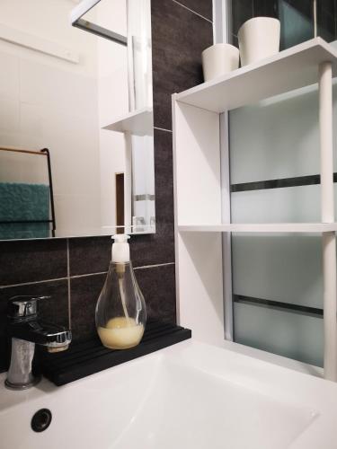 - un lavabo dans la salle de bains avec une bouteille de verre sur une étagère dans l'établissement Nice appartement centre, à Nice