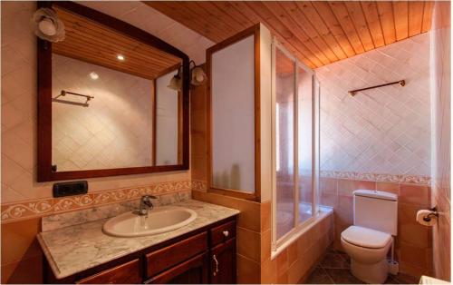 een badkamer met een wastafel, een toilet en een spiegel bij Casa rural Molí del Salt - Cerdanya in Viliella