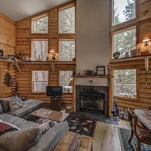 a living room with a couch and a fireplace at Cascade Log Cabin by Casago McCall - Donerightmanagement in Cascade