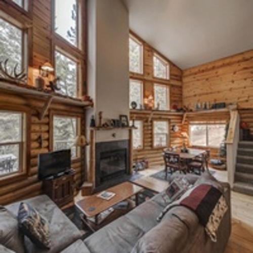 a living room with a couch and a fireplace at Cascade Log Cabin by Casago McCall - Donerightmanagement in Cascade