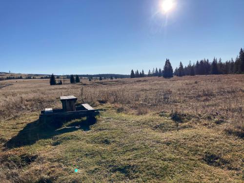 an old stove in a field with the sun in the sky at Apartmány Hacienda Boží Dar in Boží Dar