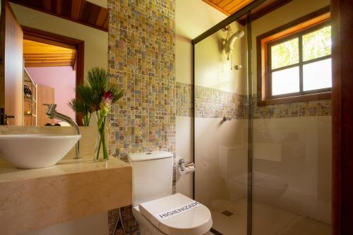 a bathroom with a toilet and a sink and a shower at Ecopousada Serra Verde in Glaura