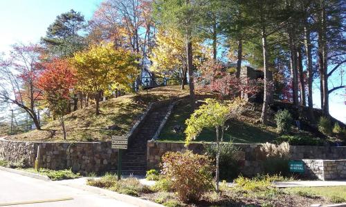 a hill with trees and a house on it at Nantahala Village in Bryson City