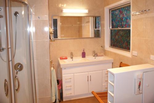 a bathroom with a sink and a shower at AAA Granary Accommodation in Promised Land