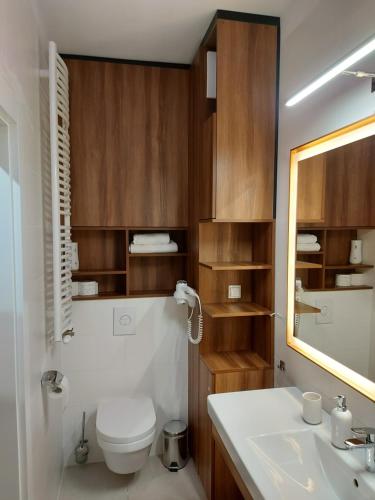 ein Badezimmer mit einem WC, einem Waschbecken und einem Spiegel in der Unterkunft Apartament SenGA in Misdroy
