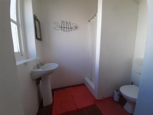 uma casa de banho branca com um lavatório e um WC em Outsiders B&B em Nieu-Bethesda