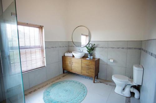 een badkamer met een wastafel, een spiegel en een toilet bij Leipzig Country House & Winery in Nuy