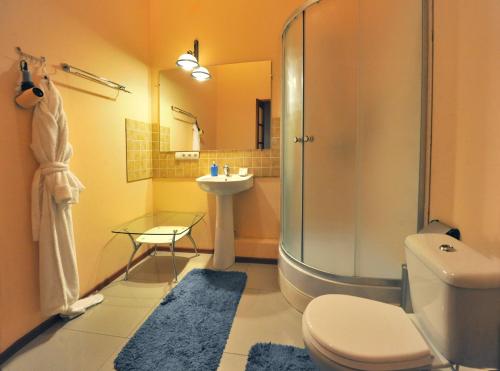 uma casa de banho com um chuveiro, um WC e um lavatório. em Apartments on Deribasovskaya em Odessa