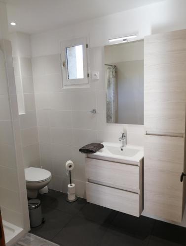 une salle de bain blanche avec un lavabo et des toilettes dans l'établissement LES 3 HIRONDELLES, à Pont-Saint-Esprit