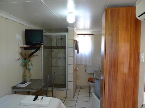 a bathroom with a bed and a television and a toilet at Lephalale Guest House in Ellisras