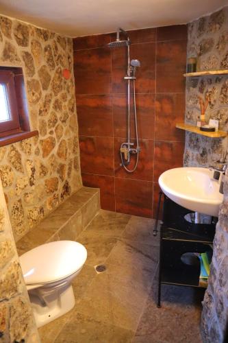 a bathroom with a toilet and a sink and a shower at Roots Apartment in Borovets