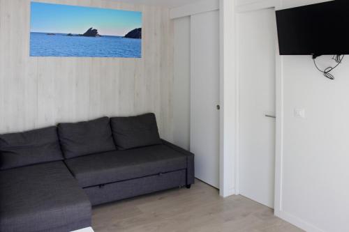 Camping Joncar Mar في روساس: غرفة معيشة مع أريكة وتلفزيون بشاشة مسطحة