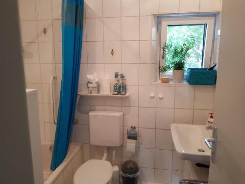 ein Badezimmer mit Toilette und Waschbecken in der Unterkunft Ferienhaus Brenzblick in Gundelfingen