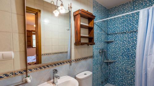 y baño con aseo, lavabo y espejo. en Casa Los Llanos Niguelas by Ruralidays, en Nigüelas