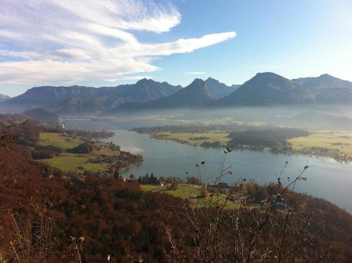a view of a lake with mountains in the background at Hotel Seehang Garni in St. Wolfgang