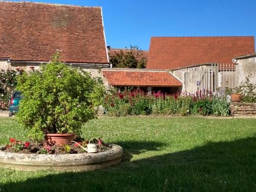 a garden with a potted plant in the grass at La Buffonnerie in Moutiers-Saint-Jean