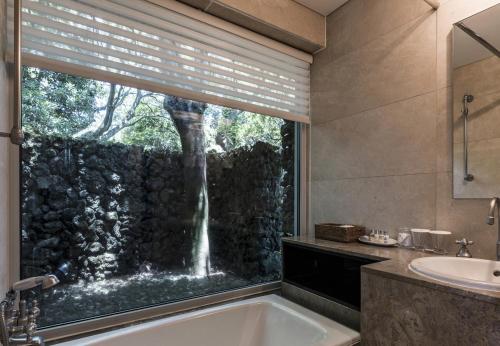 a bathroom with a window with a tub and a sink at The Seaes Hotel & Resort in Seogwipo