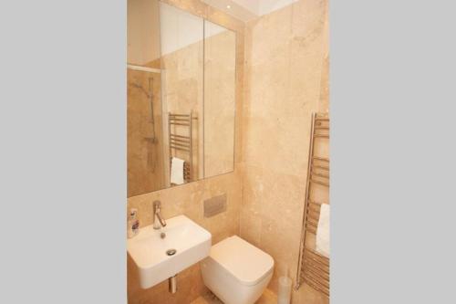 a bathroom with a sink and a toilet and a mirror at Stunning, 1 Bed Luxury Flat in Central Bath in Bath