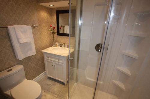 a bathroom with a shower and a toilet and a sink at Balmoral House Bed & Breakfast in St. John's