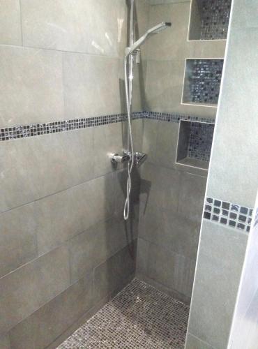 une douche avec une porte vitrée dans une salle de bain dans l'établissement Appartement charmant à Olmeta di Tuda avec piscine partagée, à Olmeta-di-Tuda