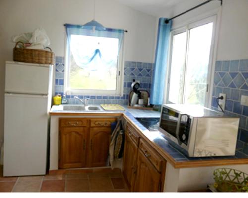 a kitchen with a microwave and a sink and a window at Villa spacieuse à Flassans-sur-Issole avec piscine privée in Flassans-sur-Issole