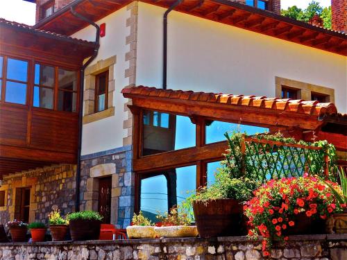 a building with potted plants in front of it at Hotel Rural El Rexacu in Bobia de Arriba