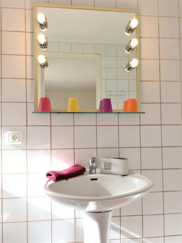 une salle de bain avec un lavabo et un miroir dans l'établissement Maison de charme à Saint Branchs avec jardin d'1 hectare, à Saint-Branchs